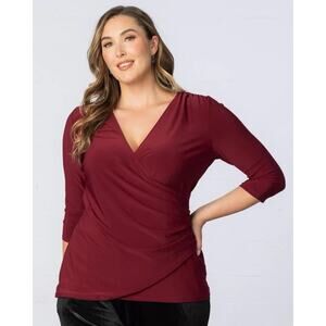 Kiyonna Top 2X Femme Fatale Faux Wrap Burgundy Red Ruched Slimming Versatile